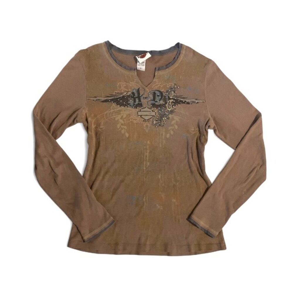 Harley-Davidson Y2K Brown Grunge Long Sleeve Top Size L